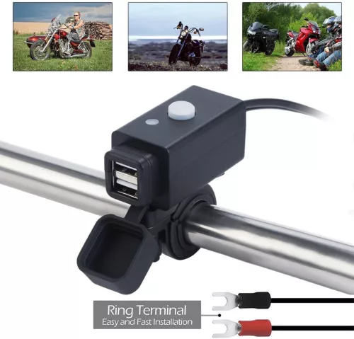 iMESTOU Motoros USB Töltő – 5V 2.1A, vízálló, dupla USB, kapcsolóval és biztosítékkal (12V/24V)