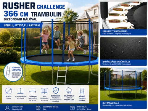 Rusher Challenge Kültéri trambulin védőhálóval – UV-álló, EN71-14 kompatibilis kivitel - 3,66 m 