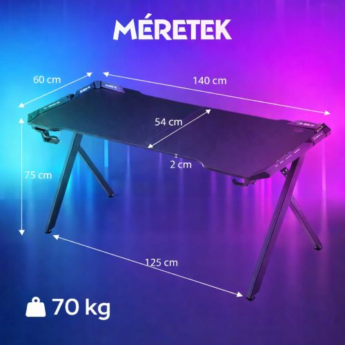 Dowinx RGB Gamer számítógépasztal, 140x60 cm, fekete - Pohártartó, fejhallgató tartó, távirányító