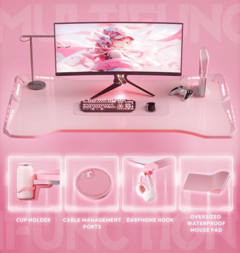 Dowinx RGB Gamer számítógépasztal, 120x60 cm, pink- Pohártartó, fejhallgató tartó, távirányító