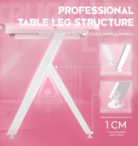 Dowinx RGB Gamer számítógépasztal, 120x60 cm, pink- Pohártartó, fejhallgató tartó, távirányító