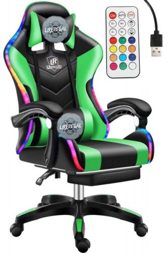 Likeregal 920 LED gamer szék lábtartóval zöld masszázs funkcióval